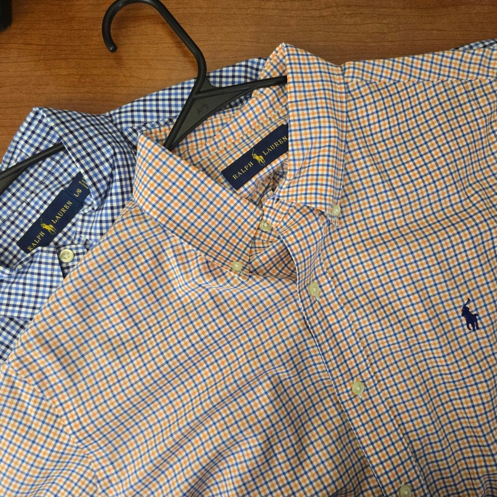 Ralph Lauren Men's Large Gingham Plaid Button Down Shirts Blue Orange Lot of 2